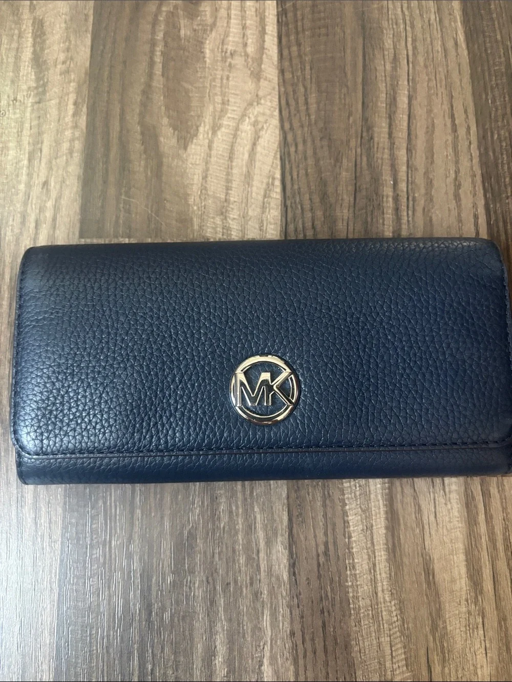 Michael Kors Navy Pebbled Leather Continental Wallet with Gold MK Emblem